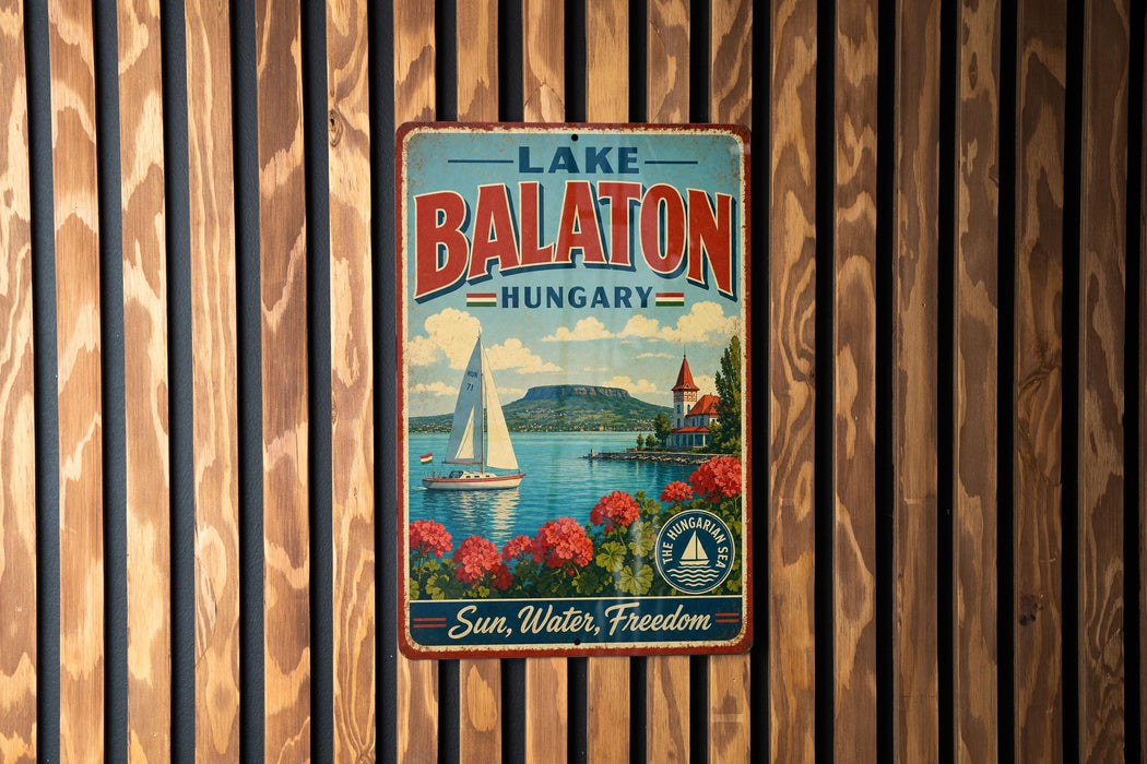 A vintage-style metal sign for Lake Balaton, Hungary, featuring a sailboat and a scenic landscape.