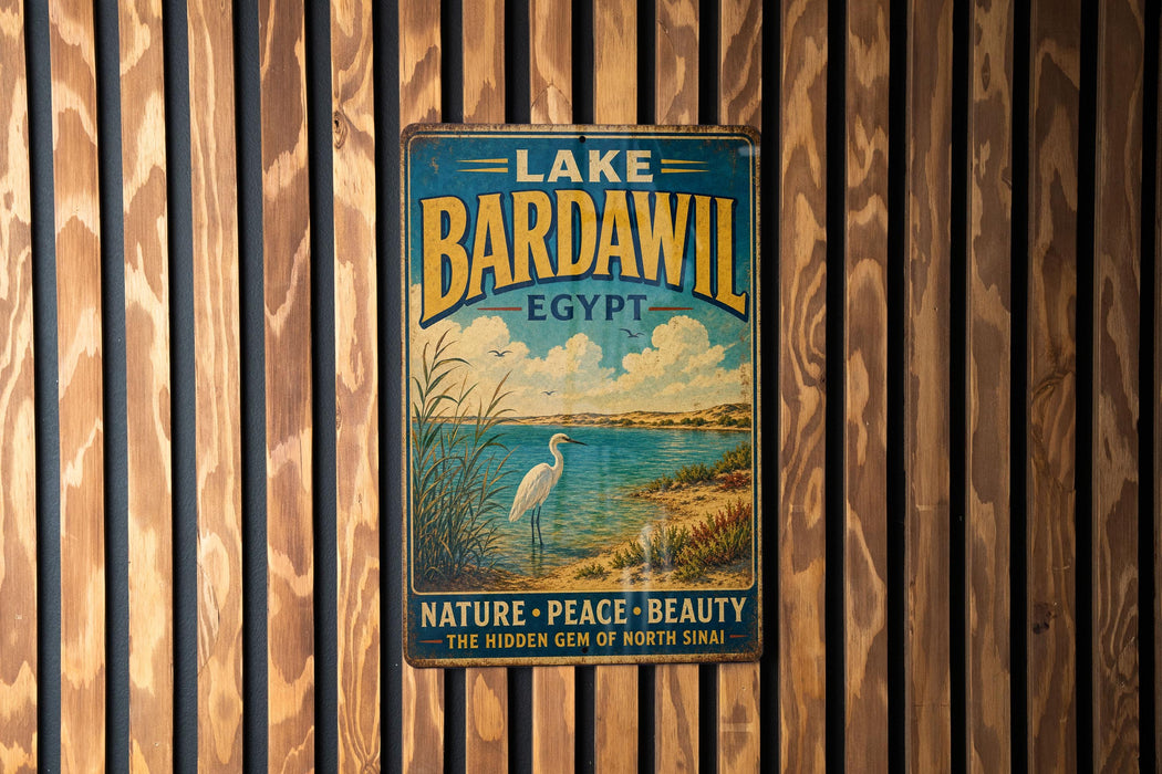 A vintage metal sign for Lake Bardawil in Egypt, featuring an illustration of a white heron standing on the shore of a lake surrounded by grass and trees.
