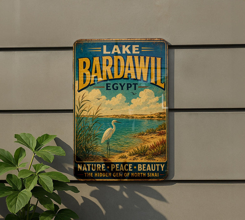 A vintage-style sign for Lake Bardawil in Egypt, featuring a seagull and a scenic landscape.