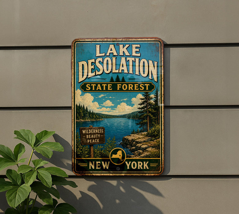 A vintage-style sign for Lake Desolation State Forest in New York, featuring a scenic landscape with a lake, pine trees, and mountains.