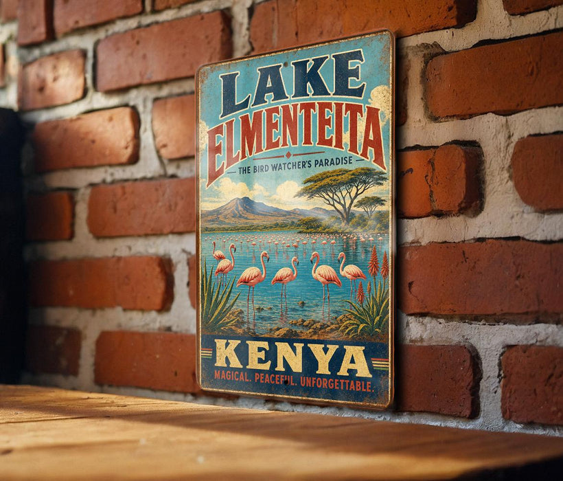 A vintage-style sign for Lake Elmenteita, the bird-watching destination in Kenya, featuring a scenic landscape with flamingos and palm trees.