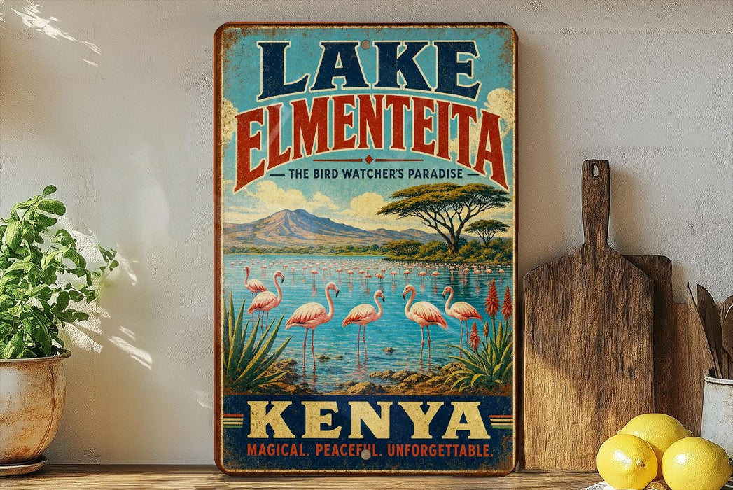 A vintage-style sign for Lake Elmenteita, the bird-watching destination in Kenya, featuring a scenic landscape with flamingos and mountains in the background.