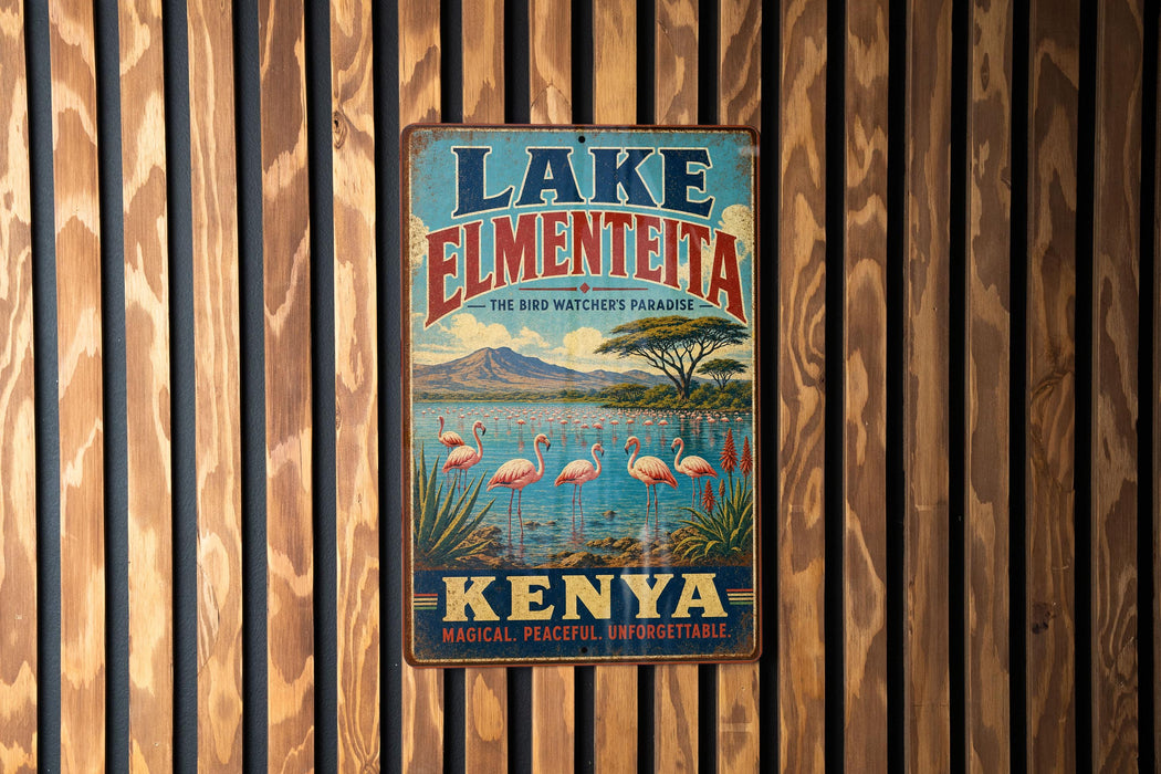 A vintage metal sign for Lake Elmenteeta, the bird watching paradise of Kenya, featuring a scenic landscape with flamingos and a mountain backdrop.