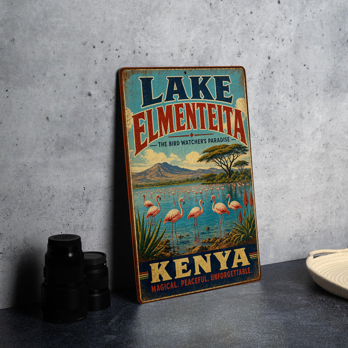 A vintage-style sign advertising Lake Elmenteita, the bird-watching destination in Kenya, featuring a scenic landscape with flamingos and palm trees.