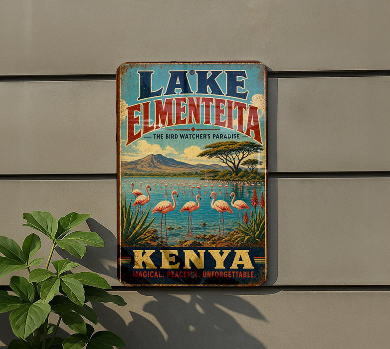 A vintage-style sign for Lake Elmenteita, the Bird Watchers Paradise of Kenya, featuring a scenic landscape with flamingos and palm trees.