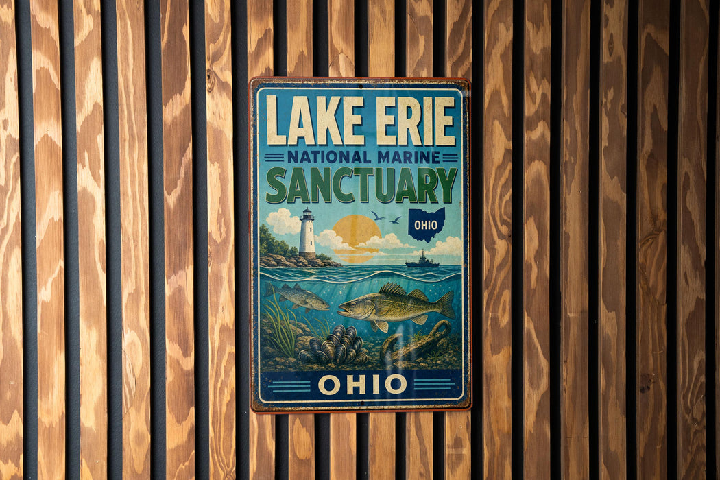 A vintage-style metal sign for Lake Erie National Marine Sanctuary, featuring a lighthouse, fish, and a scenic ocean view.