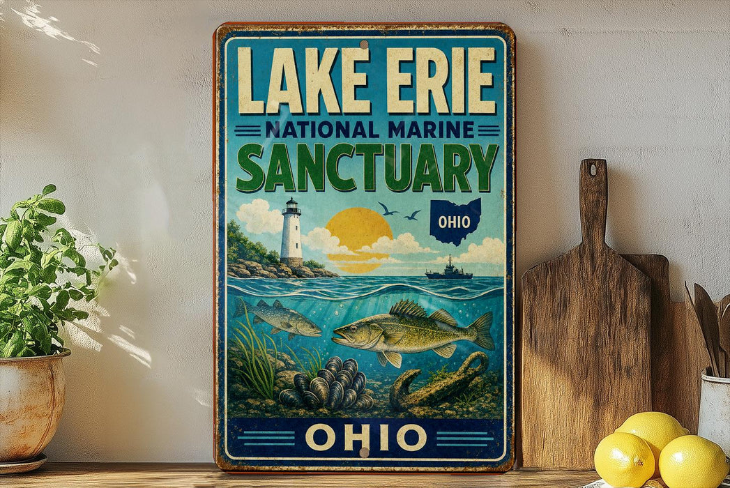 A vintage-style sign for Lake Erie National Marine Sanctuary, featuring an illustration of a lighthouse, fish, and underwater scenery, with the text "Lake Erie National Marine Sanctuary" and "OHIO" prominently displayed.