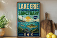 A vintage-style sign for Lake Erie National Marine Sanctuary, featuring an illustration of a lighthouse, fish, and underwater scenery, with the text "Lake Erie National Marine Sanctuary" and "OHIO" prominently displayed.