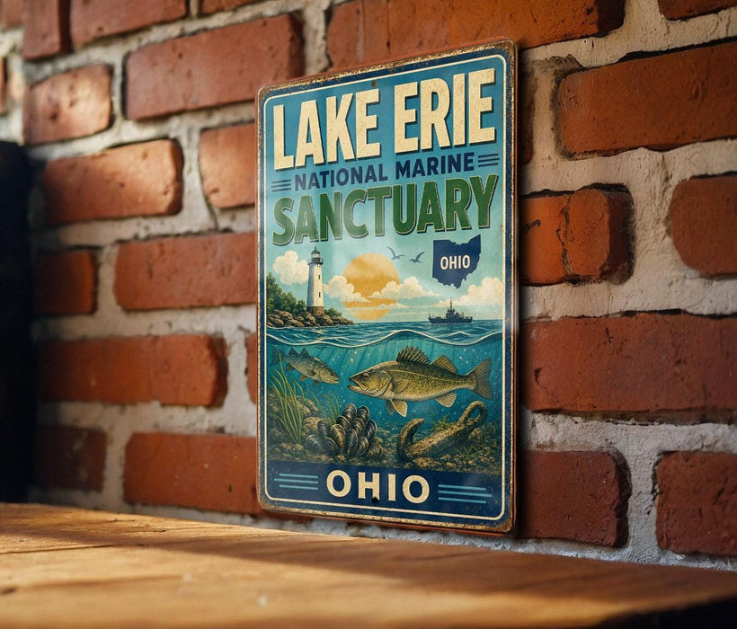 A vintage-style sign for Lake Erie National Marine Sanctuary, featuring a lighthouse, fish, and a scenic background, mounted on a brick wall.