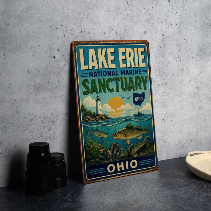 A vintage-style sign for Lake Erie National Marine Sanctuary in Ohio, featuring an illustration of a lighthouse, fish, and underwater scenery.