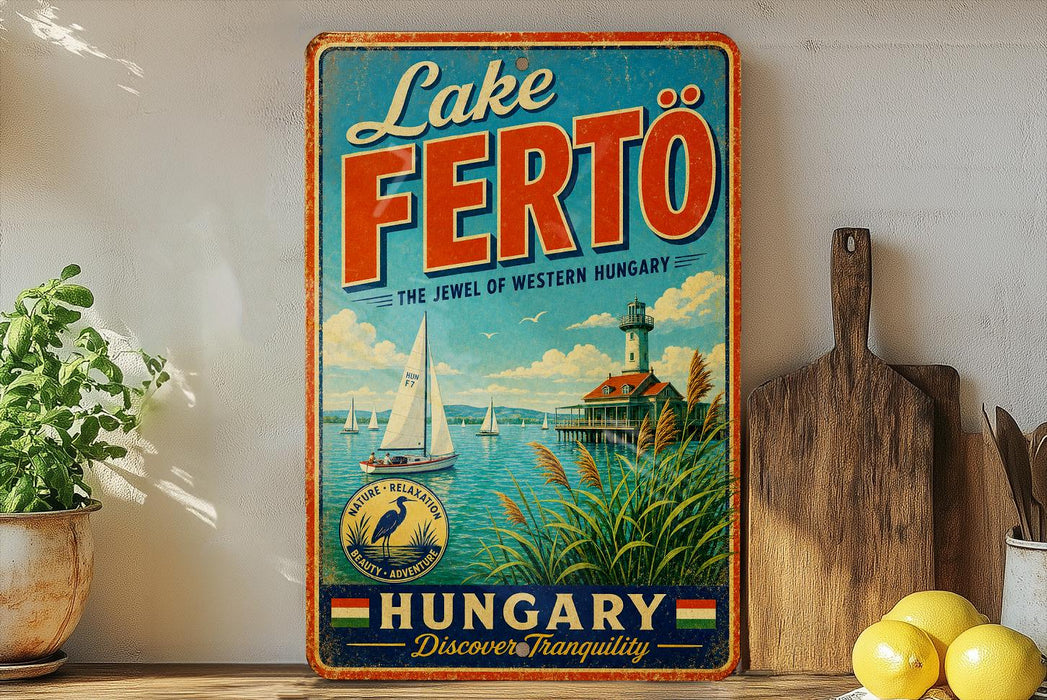 A vintage-style sign for Lake Fertö, the jewel of Western Hungary, featuring a sailboat and a lighthouse, is displayed on a shelf next to a wooden cutting board and some lemons.