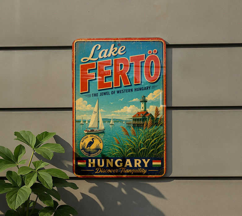 A vintage-style sign for Lake Fertö, the jewel of Western Hungary, featuring a sailboat and a lighthouse, is displayed on a wall next to a plant.