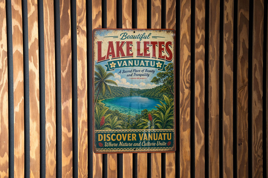 A vintage-style metal sign advertising Lake Letés, Vanuatu, featuring a tropical landscape with a lake and palm trees.