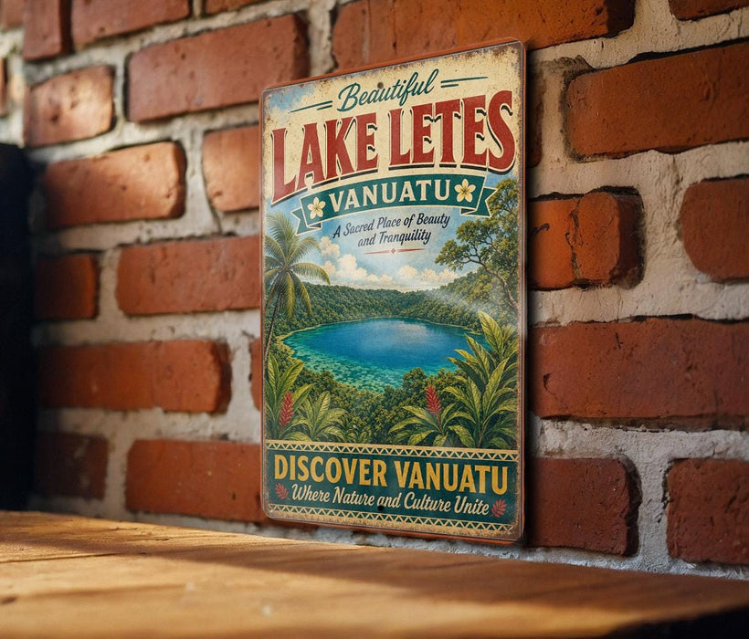 A vintage-style sign for Lake Lettes, a tropical lake in Vanuatu, with a scenic illustration of the lake surrounded by lush vegetation.