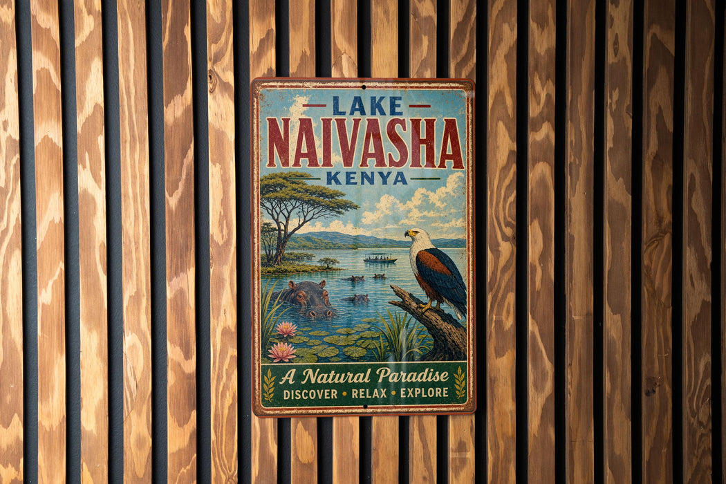 A vintage-style metal sign for Lake Naivasha, Kenya, featuring an illustration of a bird perched on a tree branch overlooking a body of water.
