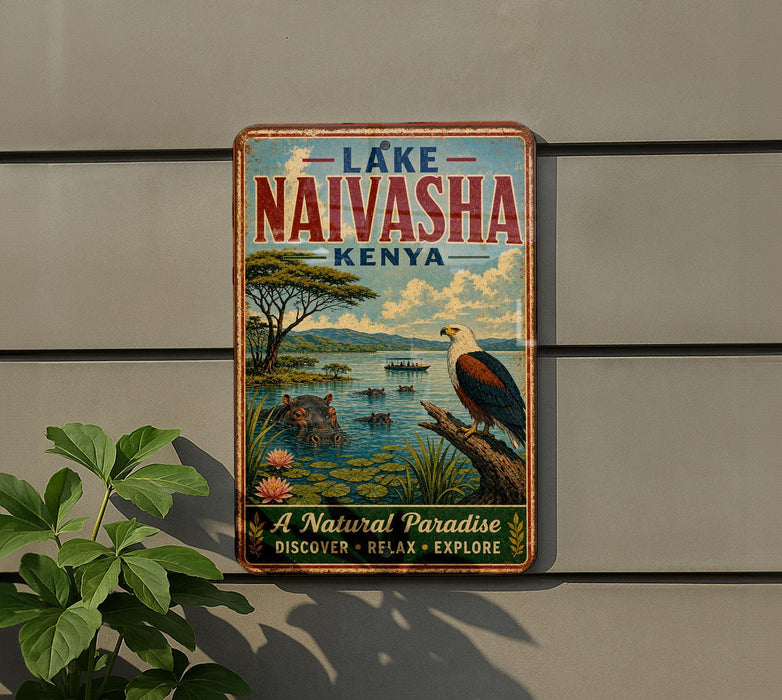 A vintage-style metal sign for Lake Naivasha, Kenya, featuring an illustration of a natural landscape with a bird, water, and vegetation.