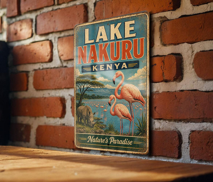 A vintage-style metal sign with the text "LAKE NAKURU KENYA" and an illustration of flamingos and a rhinoceros in a natural setting.