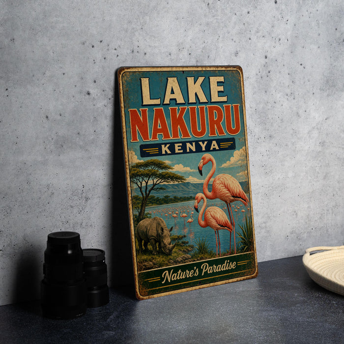 A vintage-style sign for Lake Nakuru, Kenya, featuring a flamingo and a rhinoceros in a natural landscape.