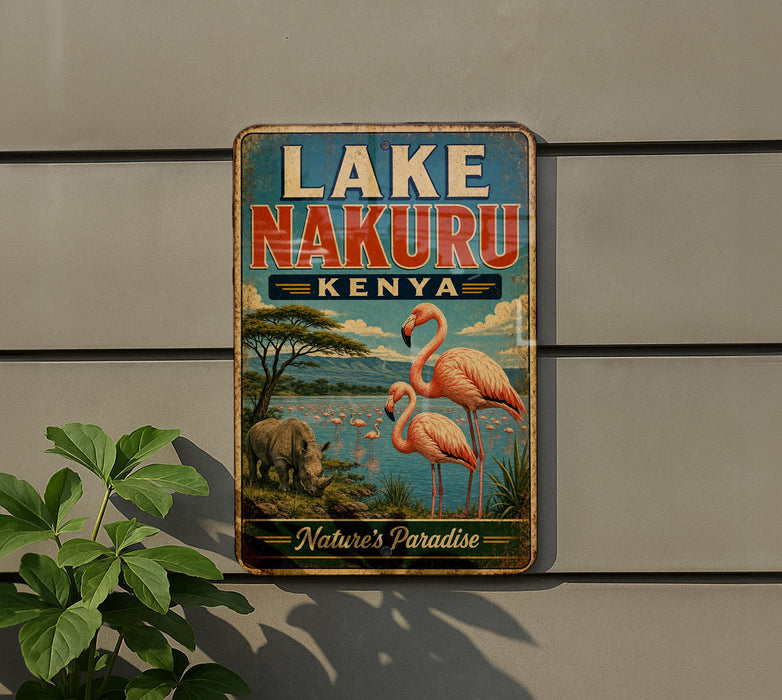 A vintage-style metal sign with the text "LAKE NAKURU KENYA" and an illustration of flamingos and a rhinoceros, set against a nature-themed background.