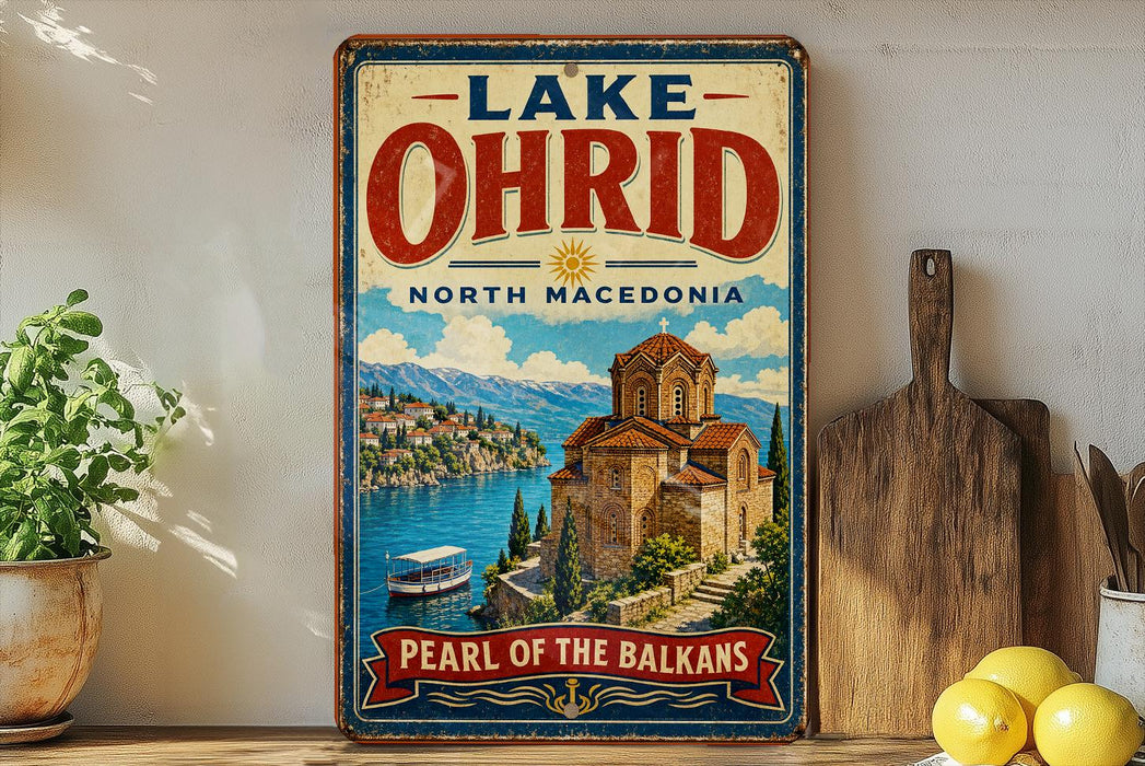 A vintage-style sign for Lake Ohrid, North Macedonia, featuring a scenic illustration of the lake and surrounding landscape.
