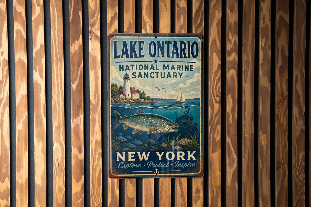 A vintage-style metal sign for Lake Ontario, featuring a lighthouse, a fish, and a boat, is displayed on a wooden wall.