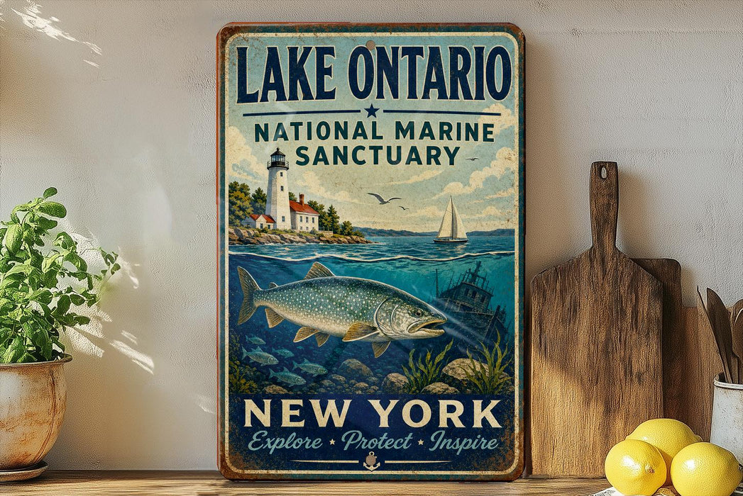 A vintage-style sign for Lake Ontario National Marine Sanctuary in New York, featuring a lighthouse, a sailboat, and a fish in the water.