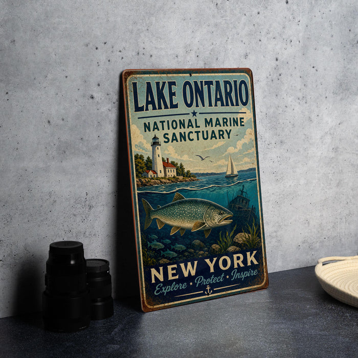 A vintage-style sign for Lake Ontario National Marine Sanctuary, featuring a lighthouse, a fish, and a boat, with the text "LAKE ONTARIO NATIONAL MARINE SANCTUARY" and "NEW YORK EXPLORE • PROTECT • INSPIRE".