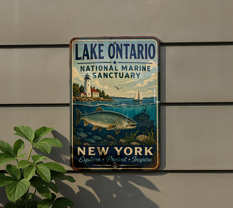 A vintage-style metal sign for Lake Ontario National Marine Sanctuary, featuring a lighthouse, a fish, and a sailboat, mounted on a wall.