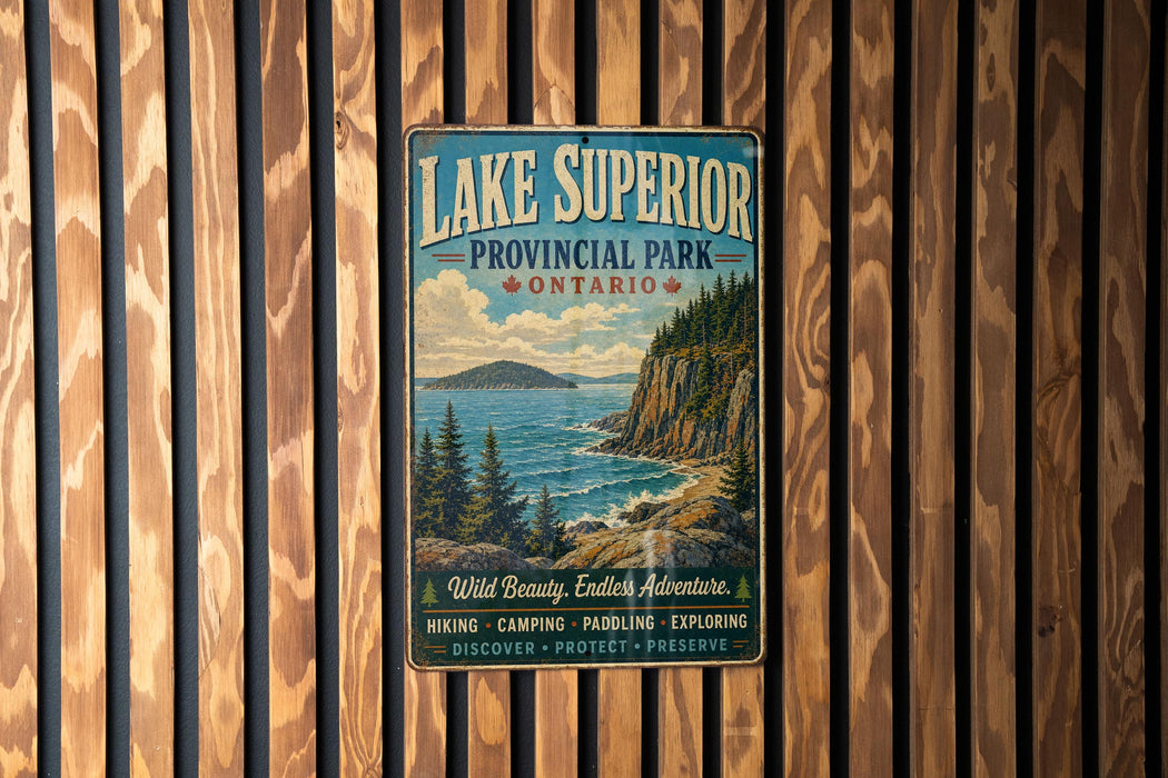 A vintage-style metal sign for Lake Superior Provincial Park in Ontario, featuring a scenic illustration of the lake and surrounding landscape.