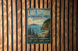 A vintage-style metal sign for Lake Superior Provincial Park in Ontario, featuring a scenic illustration of the lake and surrounding landscape.
