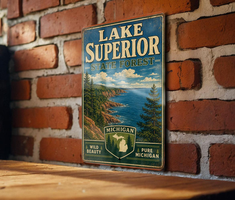 A vintage-style metal sign for Lake Superior State Forest in Michigan, featuring a scenic landscape with pine trees, cliffs, and a body of water.