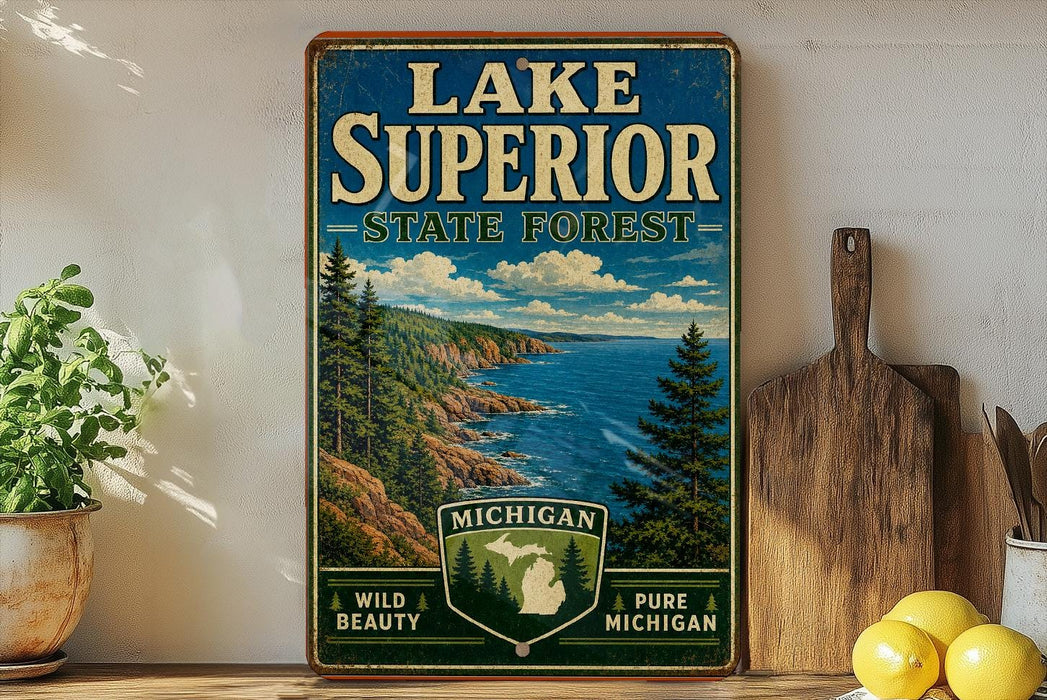A vintage-style sign for Lake Superior State Forest in Michigan, featuring a scenic landscape with pine trees, cliffs, and a lake.