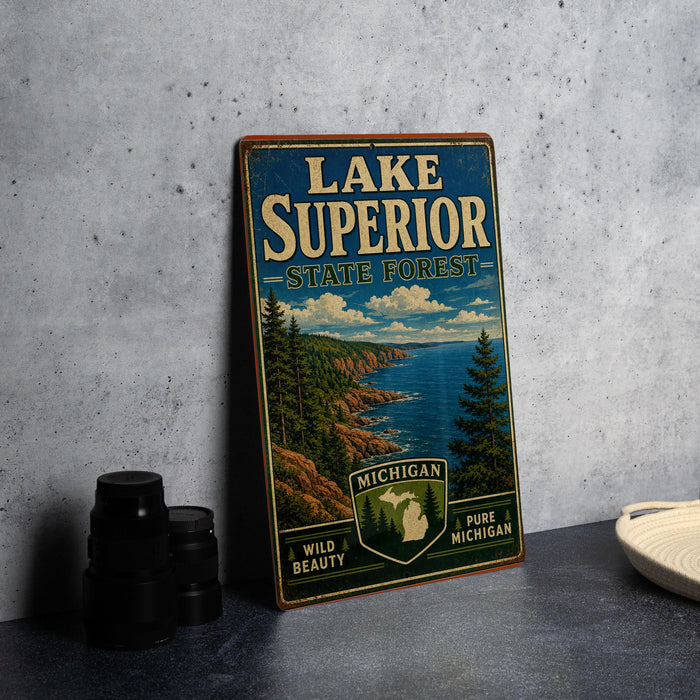 A vintage-style sign for Lake Superior State Forest, featuring a scenic landscape with pine trees, a lake, and mountains.