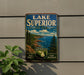 A vintage metal sign for Lake Superior State Forest, featuring a scenic landscape with pine trees, cliffs, and a lake.