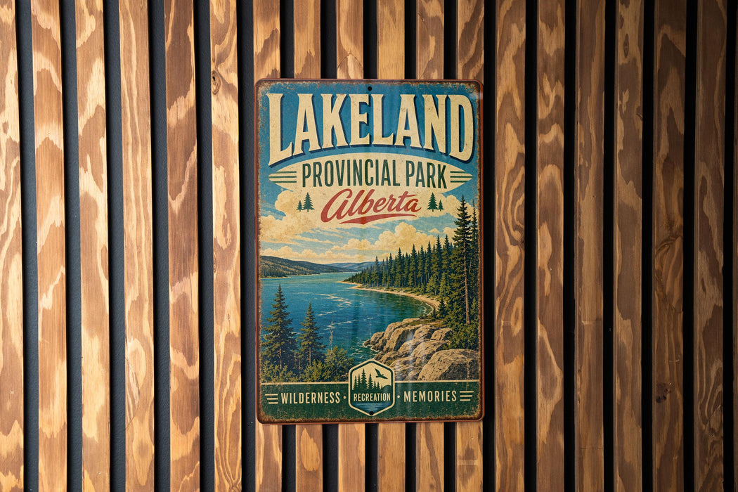 A vintage-style metal sign for Lakeland Provincial Park in Alberta, Canada, featuring a scenic landscape with a lake, mountains, and pine trees.