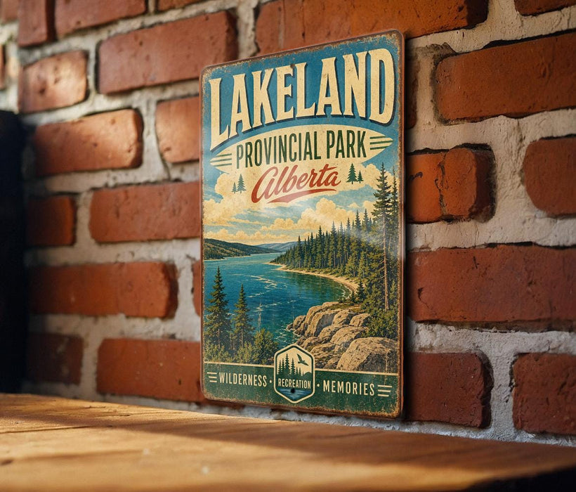 A vintage-style metal sign for Lakeland Provincial Park, Alberta, featuring a scenic landscape with a lake, mountains, and pine trees.