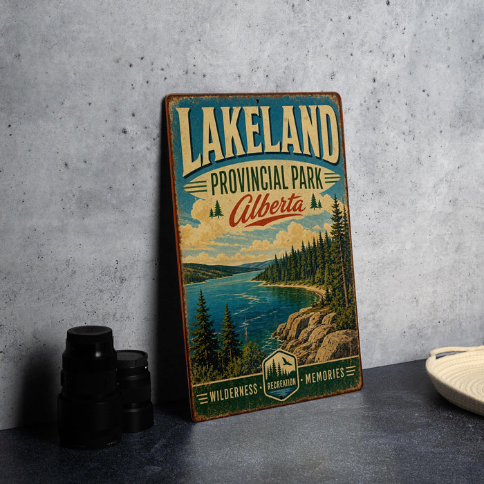 A vintage-style metal sign for Lakeland Provincial Park, Alberta, featuring a scenic landscape with pine trees, a lake, and mountains.