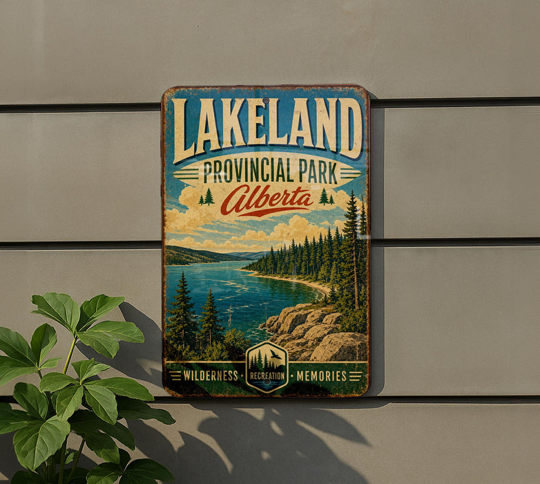 A vintage-style metal sign for Lakeland Provincial Park, Alberta, featuring a scenic landscape with pine trees, a lake, and mountains.