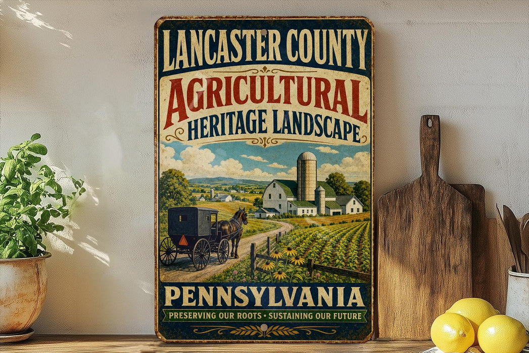 A vintage-style sign for Lancaster County Agricultural Heritage Landscape, featuring a farm scene and a horse-drawn carriage, with the text "LANCASTER COUNTY AGRICULTURAL HERITAGE LANDSCAPE" and "PENNSYLVANIA PRESERVING OUR ROOTS SUSTAINING OUR FUTURE".