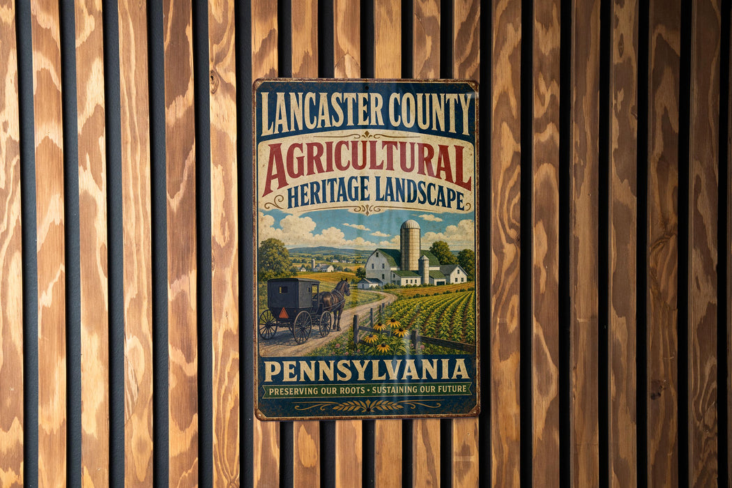 A vintage metal sign for Lancaster County, Pennsylvania, advertising the agricultural heritage landscape, mounted on a wooden wall.