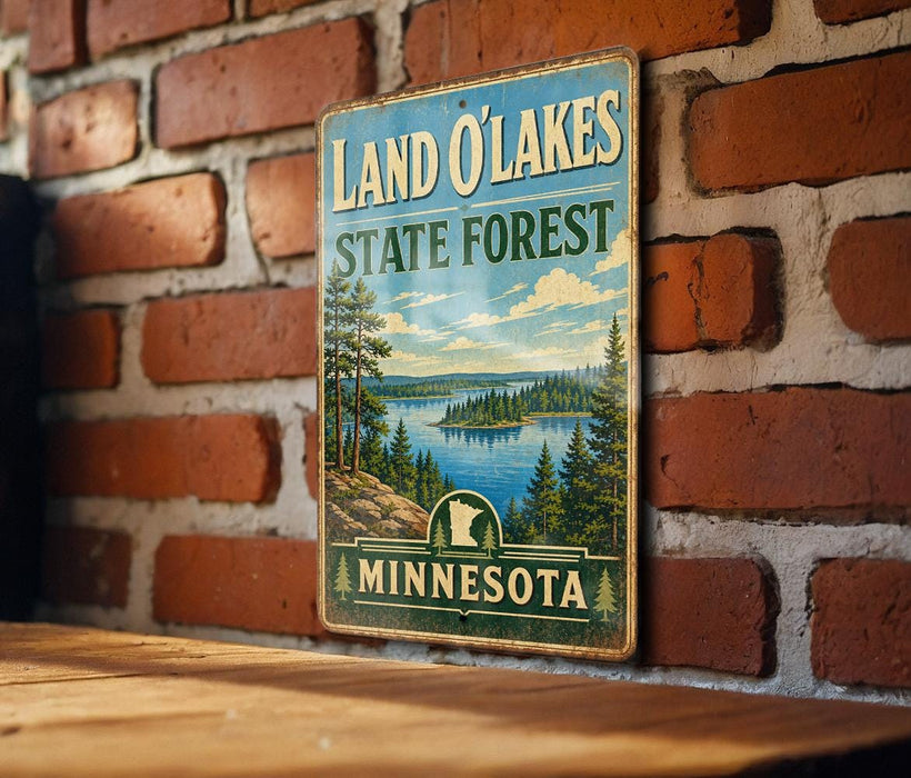 A vintage-style sign for the Land O'Lakes State Forest in Minnesota, featuring a scenic landscape with pine trees, a lake, and mountains.