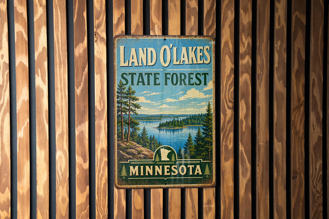 A vintage metal sign for the Land O'Lakes State Forest in Minnesota, featuring a scenic landscape with pine trees, a lake, and mountains.
