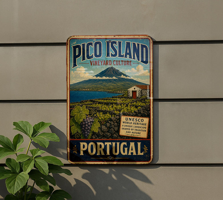 A vintage-style metal sign for Pico Island, Portugal, featuring a scenic landscape with a mountain, vineyards, and a small building.