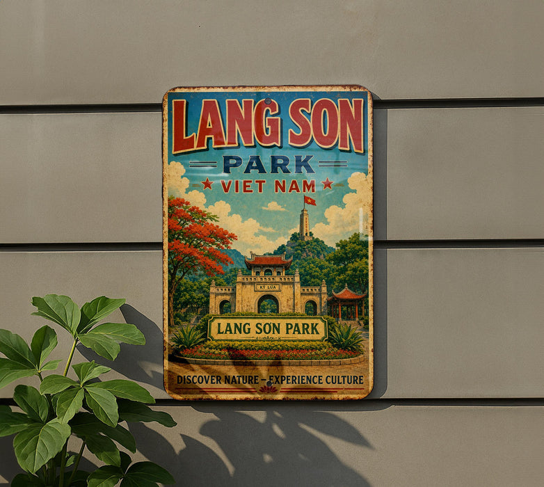 A vintage metal sign for Lang Son Park in Vietnam, featuring a colorful illustration of the park's architecture and landscape.