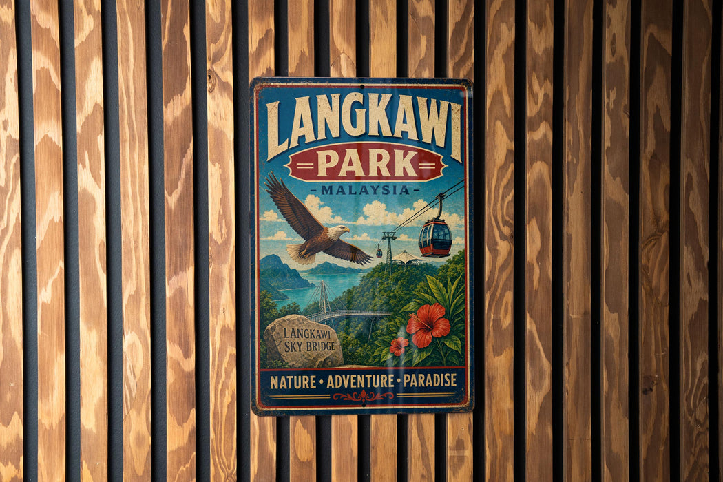 A vintage-style metal sign for Langkawi Park in Malaysia, featuring an eagle in flight and a cable car, mounted on a wooden wall.