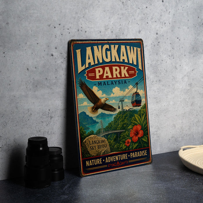 A vintage-style metal sign for Langkawi Park, Malaysia, featuring an eagle in flight and a suspension bridge in the background.