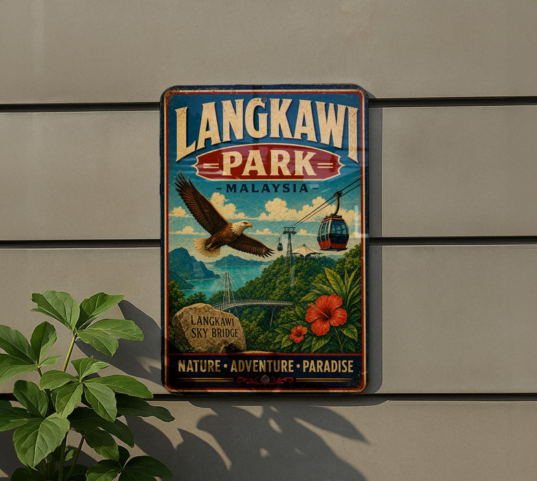 A vintage-style metal sign for Langkawi Park in Malaysia, featuring an eagle in flight and a suspension bridge in the background.