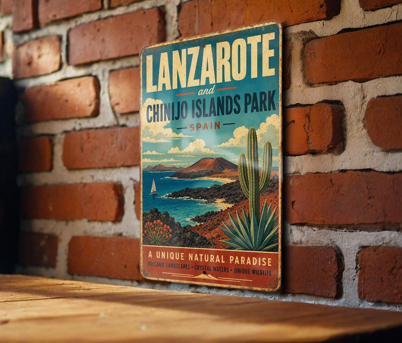 A vintage-style sign for Lanzarote and Chinjo Islands Park in Spain, featuring a desert landscape with a cactus and a sailboat.