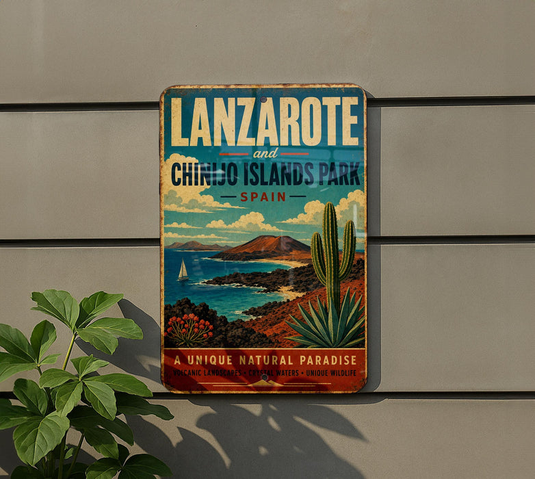 A vintage-style sign for Lanzarote and Chinjo Islands Park in Spain, featuring a desert landscape with a sailboat and cacti.