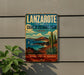 A vintage-style sign for Lanzarote and Chinjo Islands Park in Spain, featuring a desert landscape with a sailboat and cacti.